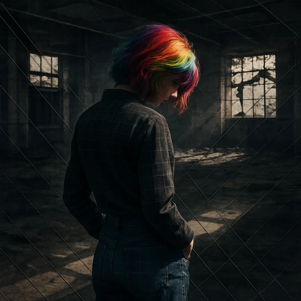 Person Whose Vibrant Rainbow-streaked Hair Partially Obscures their Contemplative