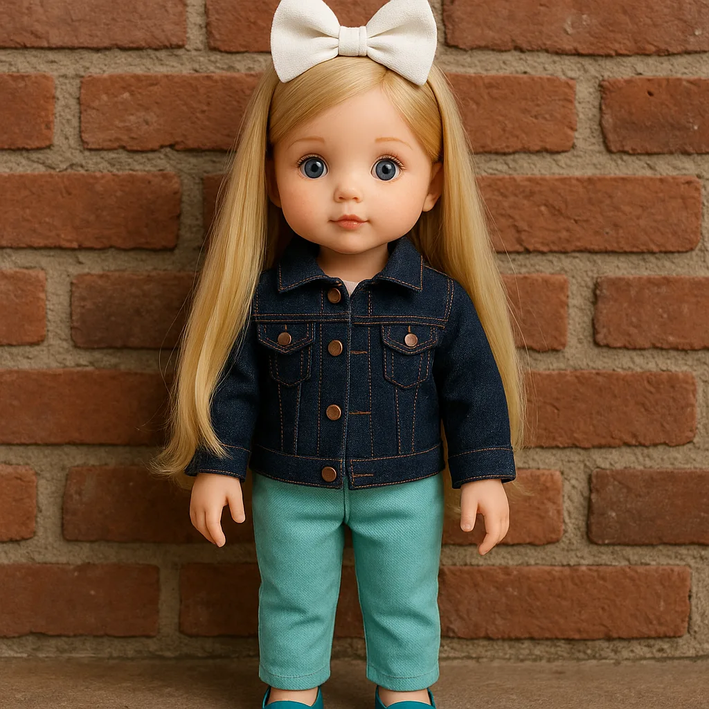 Doll with Long Blonde Hair Wearing a Dark Denim Jacket