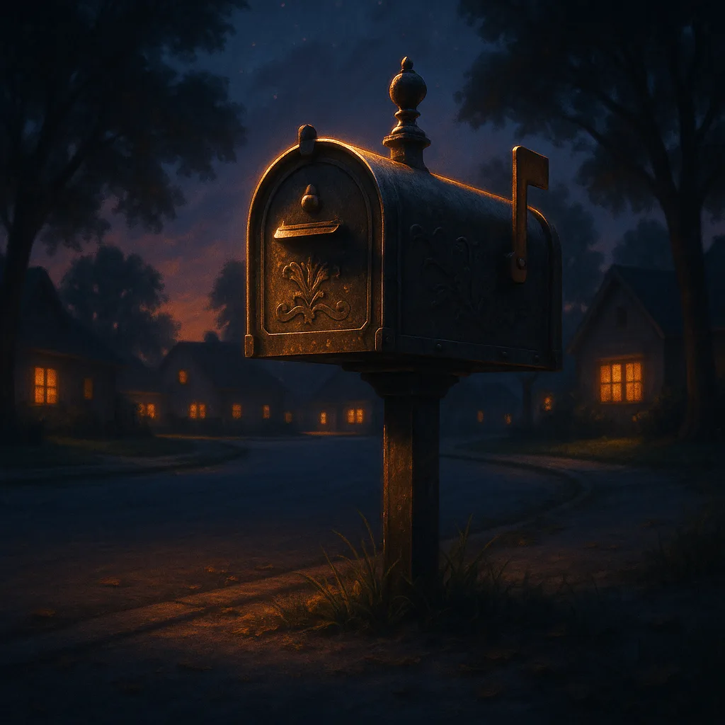 Peaceful Cul-de-sac at Dusk Reveals a Single Weathered Bronze Mailbox—its