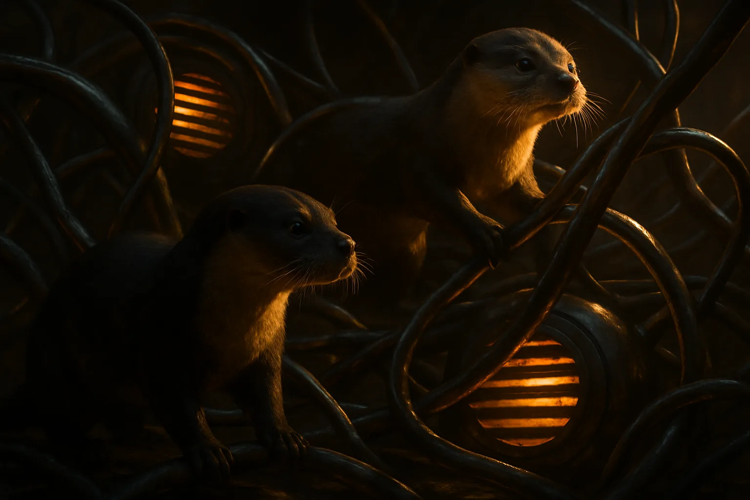 Two Diverse Otters Navigate Luminous Metallic Tendrils
