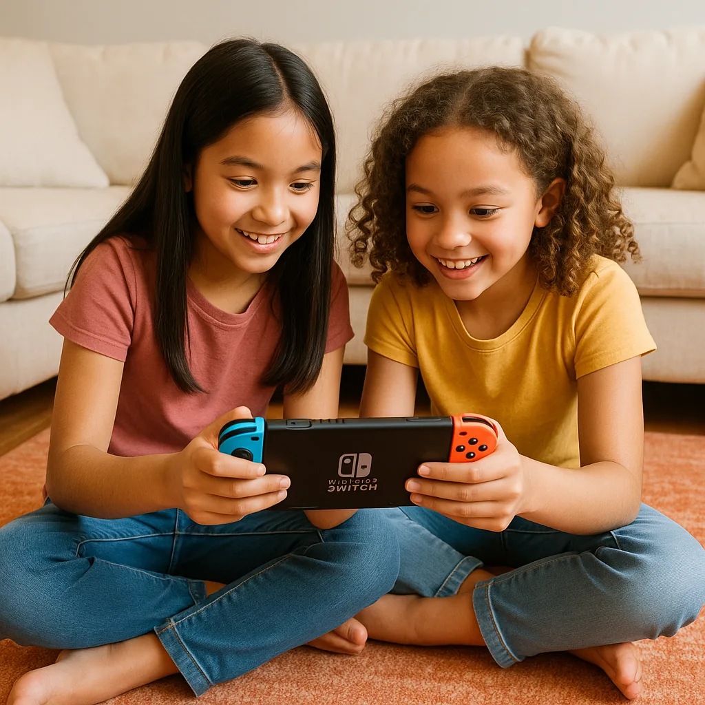 Two Girls Are Playing on a Nintendo Switch