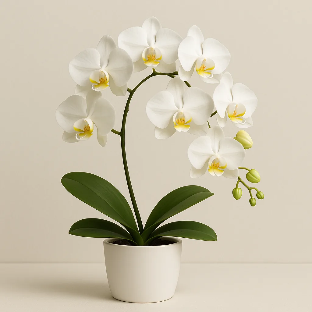 White Orchid with Multiple Blooms in a White Ceramic Pot