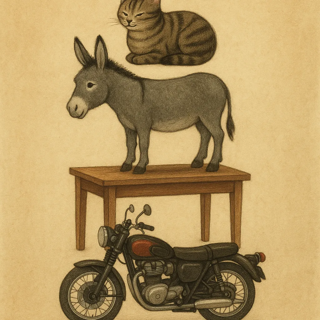 Donkey Standing over a Motorcycle and a Table