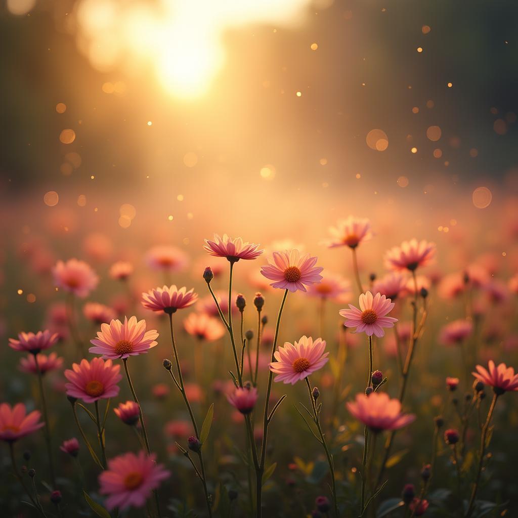 Ethereal Summer Flowers in a Misty Golden Field