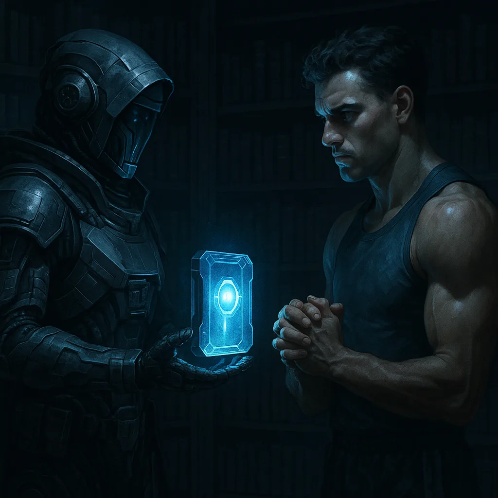 Figure in Intricate Far-future Attire Earnestly Presents a Glowing Futuristic