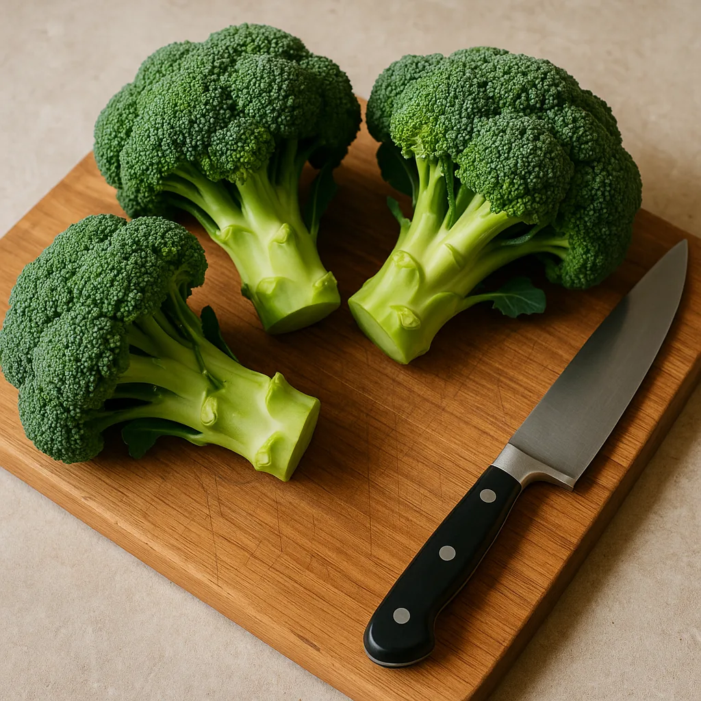Three Lively Green Broccolis Placed on a Wooden Chopping Board