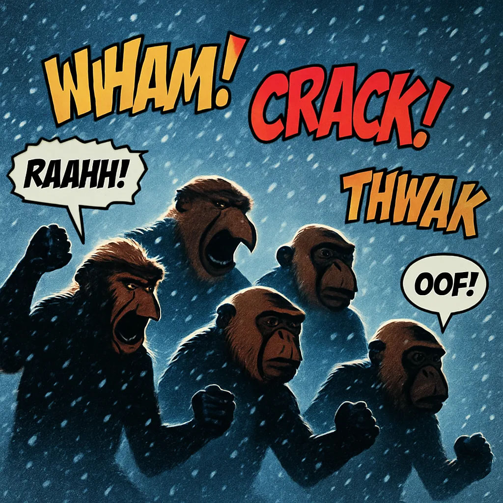 Diverse Proboscis Monkeys in Dramatic Comic Action with Onomatopoeia