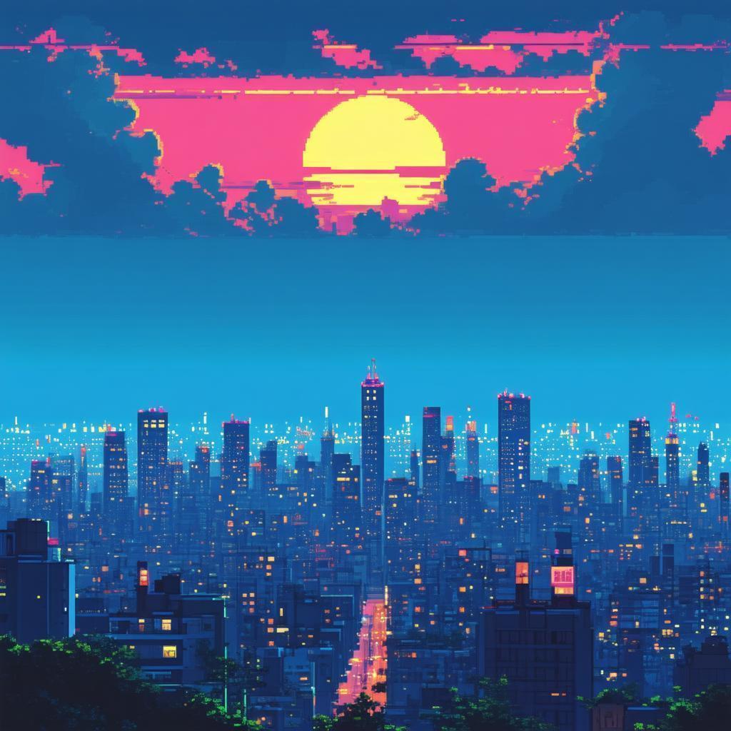 Pixel Sunset Blazing Over the City Skyline