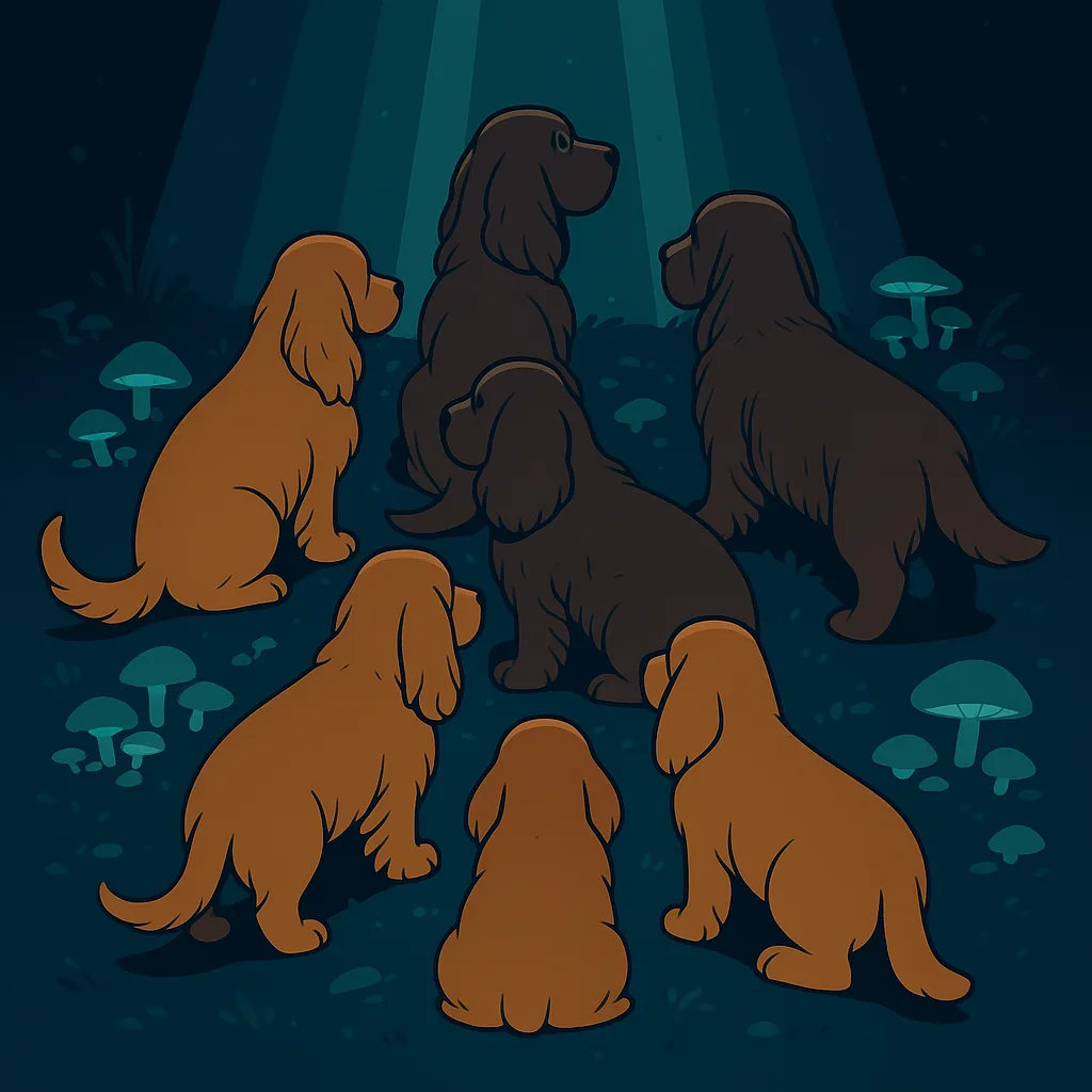 Around Six Sussex Spaniels—one a Rich Golden Liver