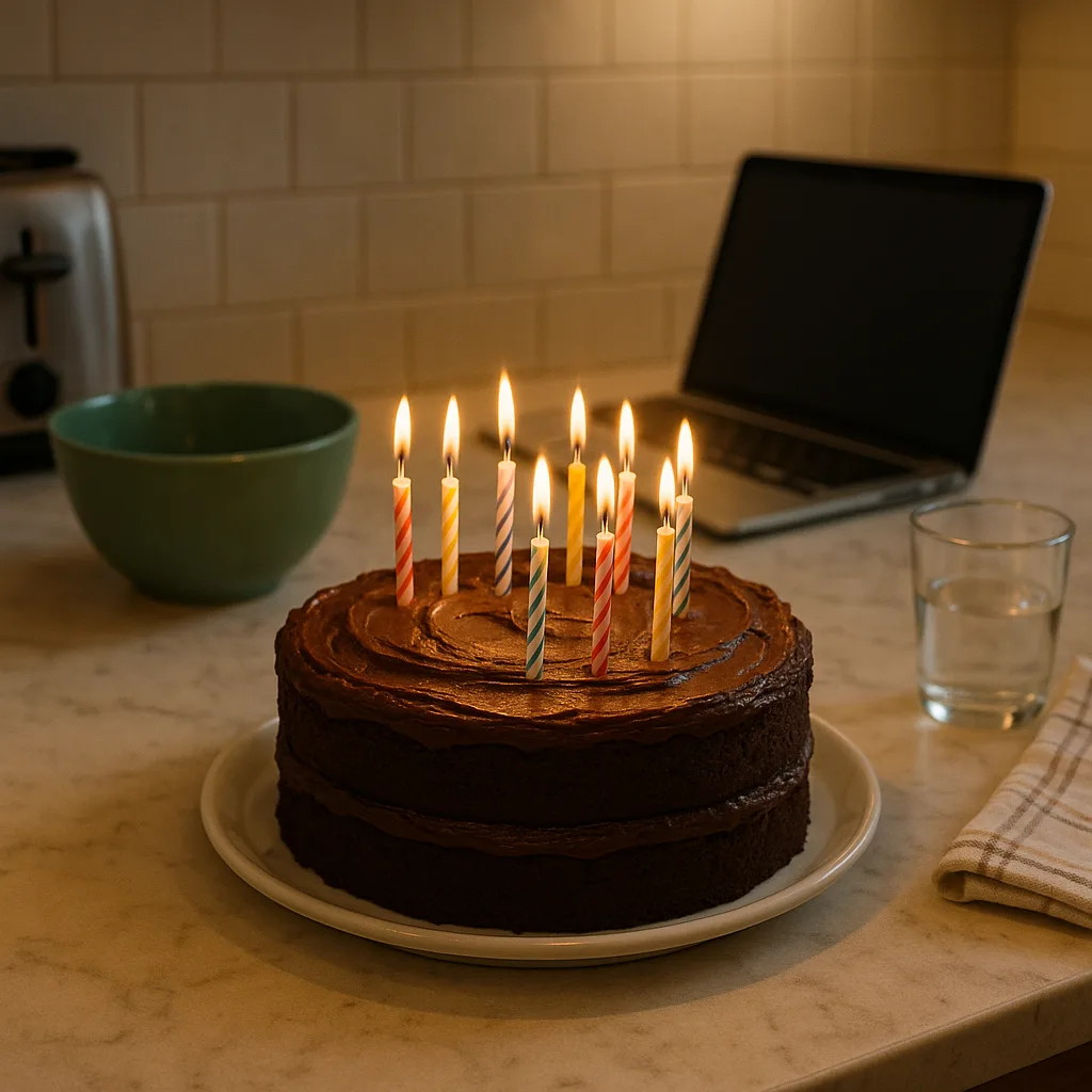 Chocolate Cake with Candles Is on a Kitchen Counter
