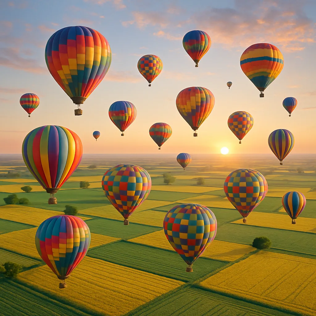 Multitude of Brightly Colored Hot Air Balloons Drifts Serenely