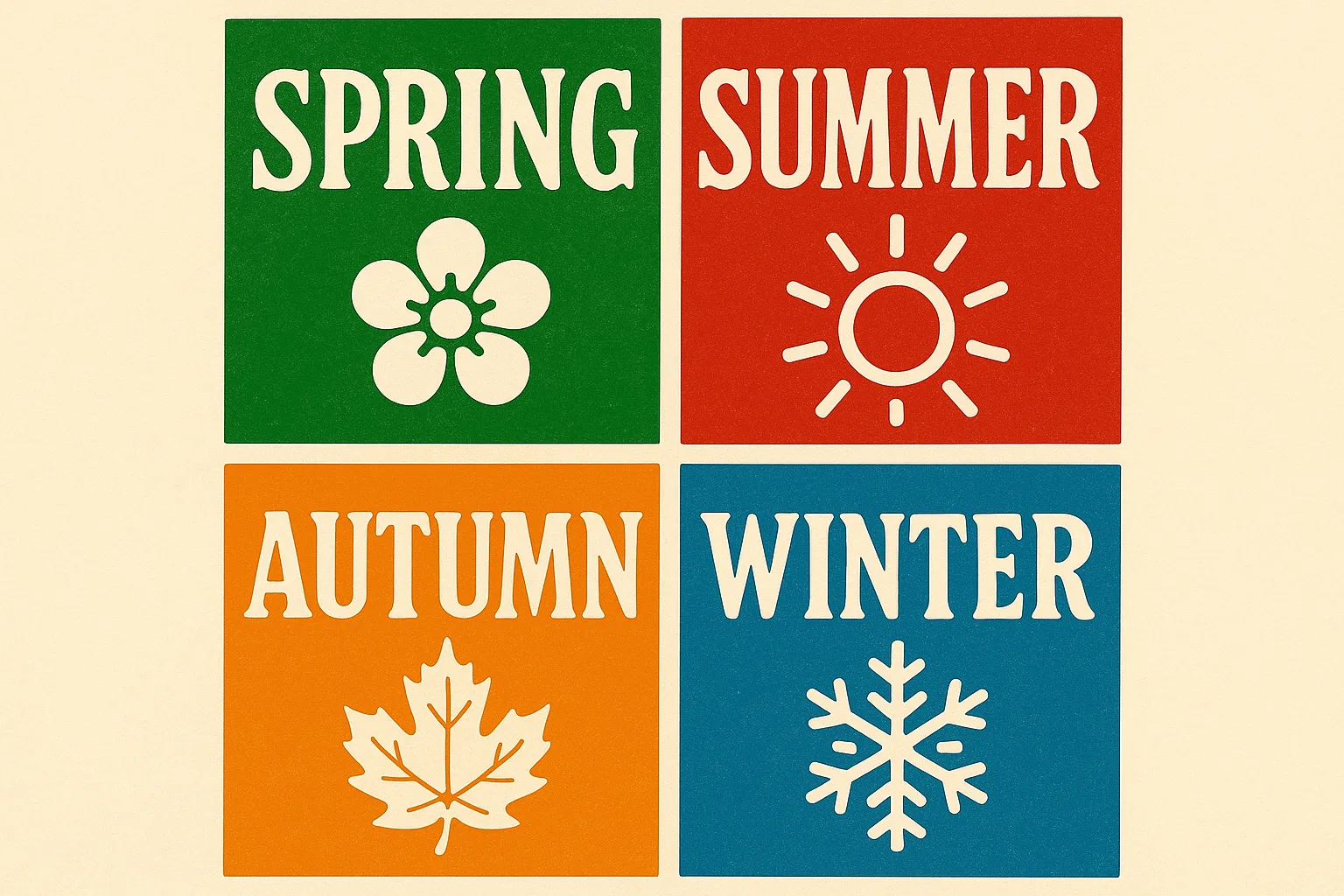 Poster Featuring Four Seasonal Designs Labeled Spring (green), Summer (red)