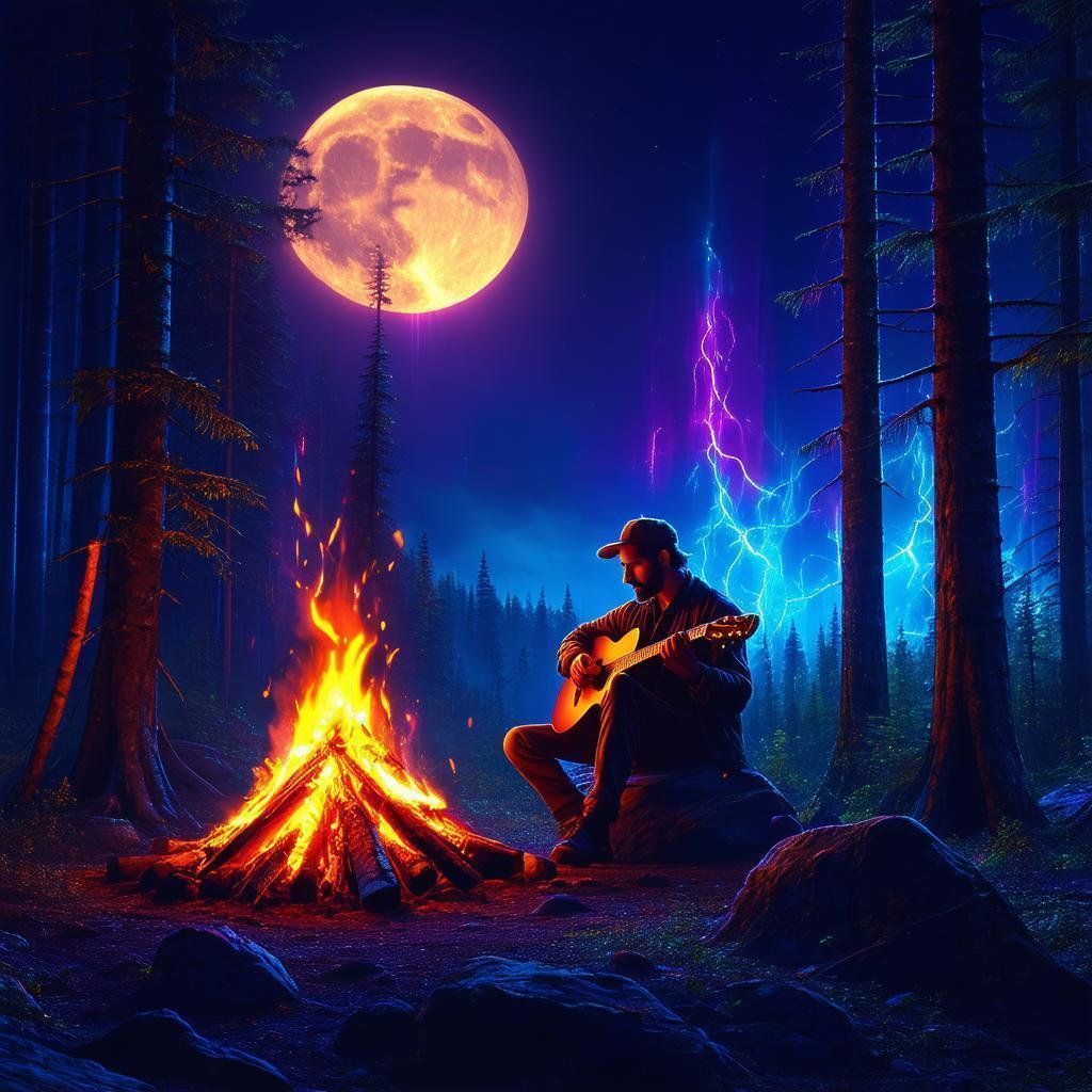 Neon Campfire Guitarist Under a Full Moon