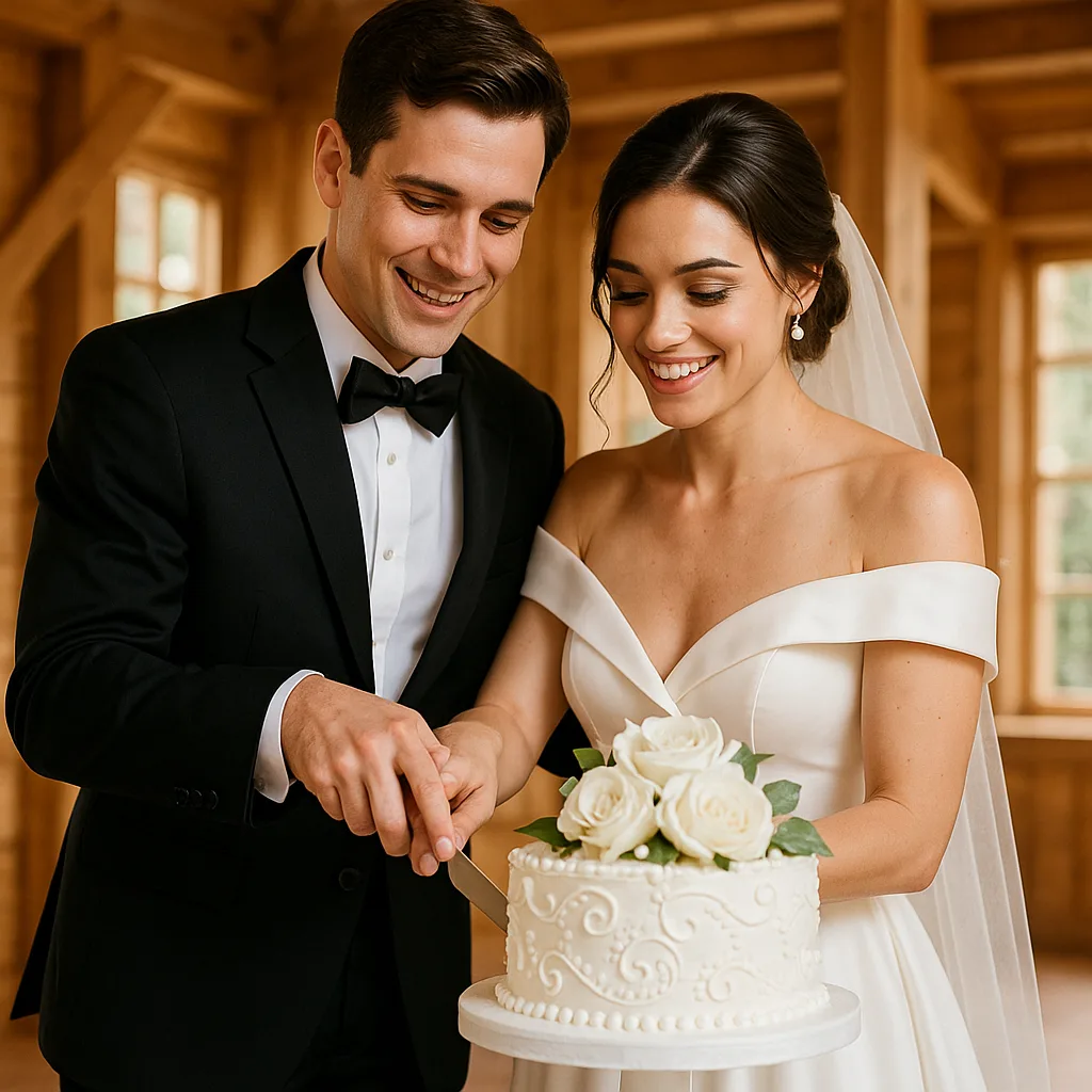 Couple in Formal Attire Cuts a Decorated White Wedding Cake