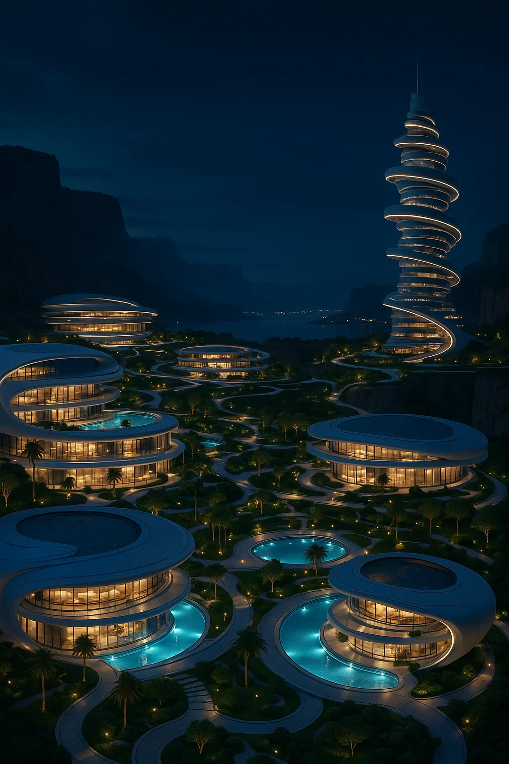 Futuristic Resort City Illuminated at Night