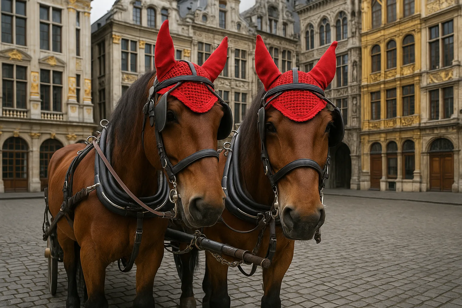 Two Horses Wearing Red Ear Covers Are Harnessed Together
