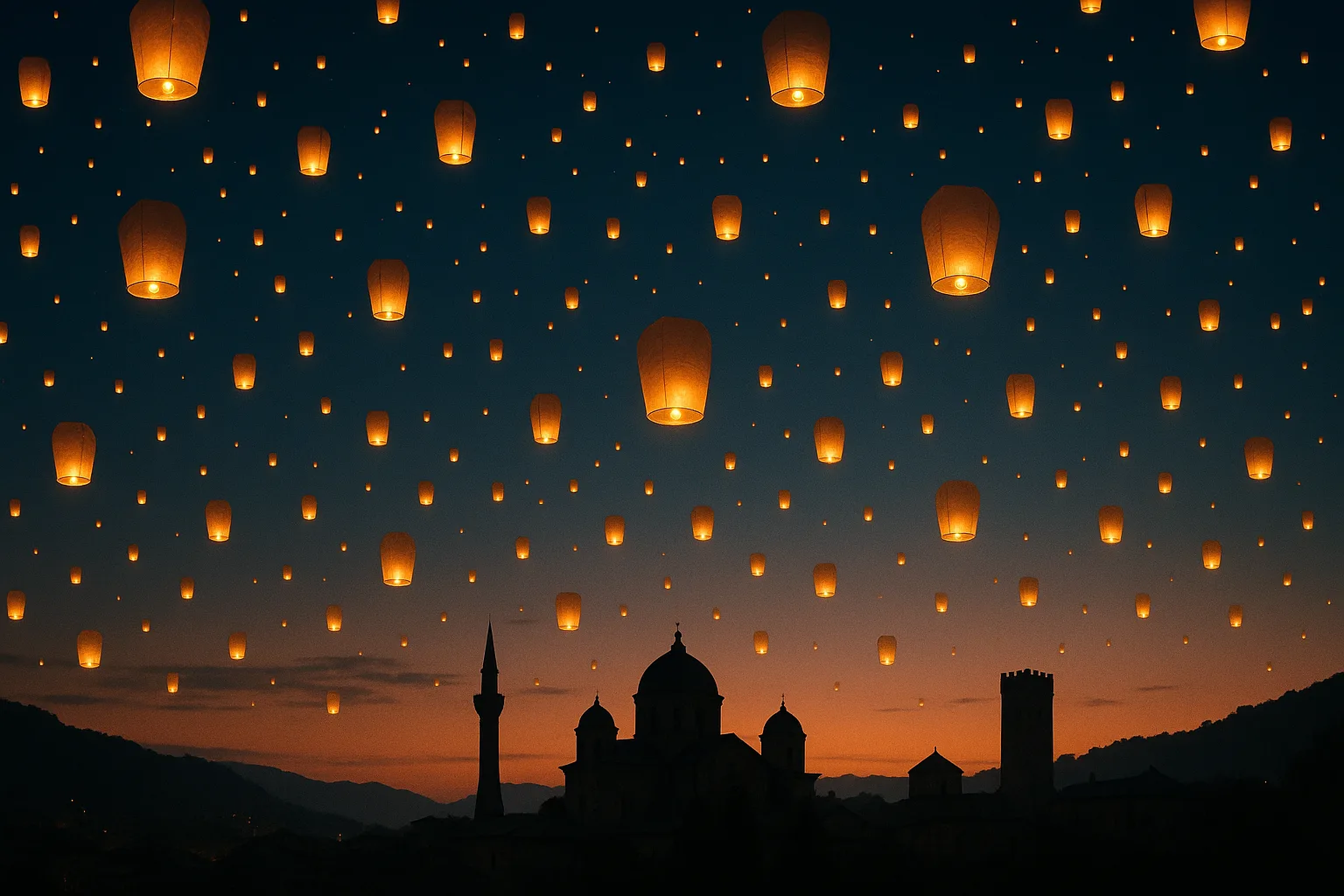 Countless Glowing Lanterns Drift Serenely into the Twilight Sky