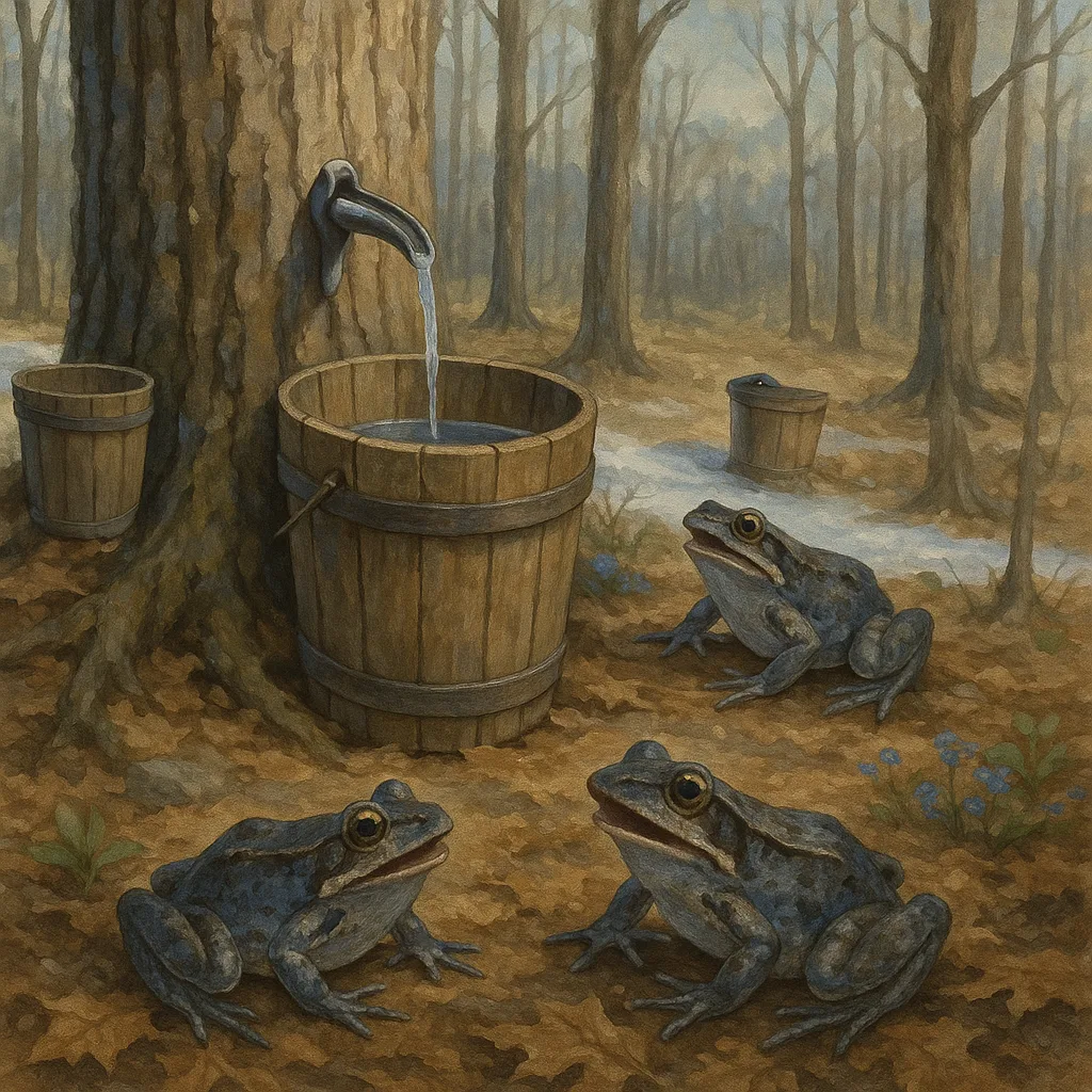Wooden Buckets Collect the Sap While the Forest Comes Alive