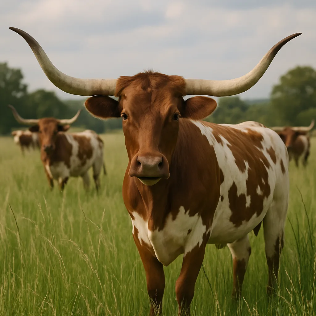 Long-horned Brown and White Cow Standing in Tall Green Grass