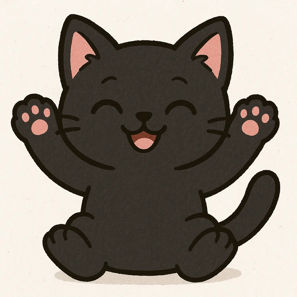 Cute Black Cartoon Cat with Pink Ears and Paws