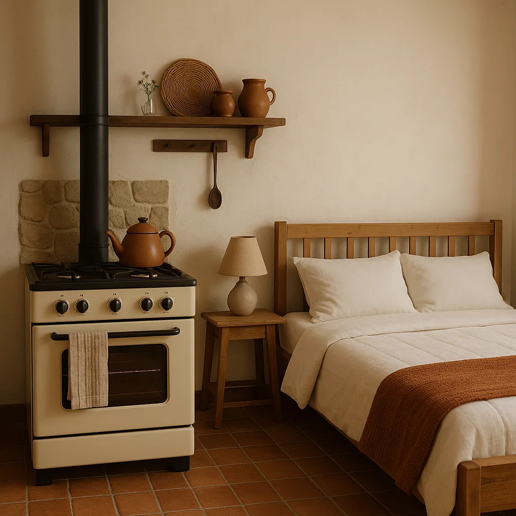 Showcasing a Tidy Bed and a Stove