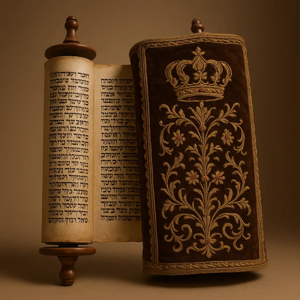 Historic Torah Scroll Featuring an Ornate Cover with Embroidery