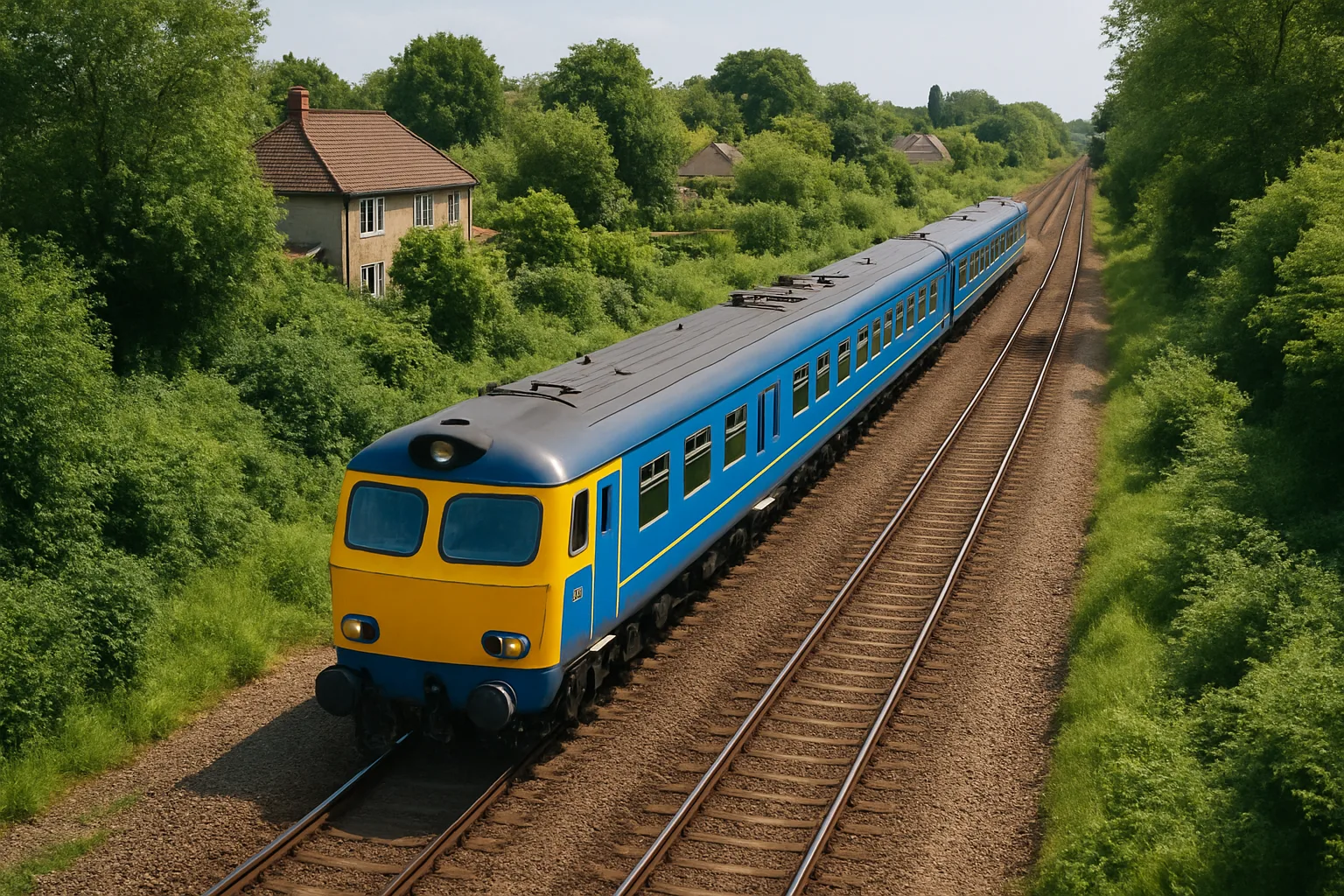 Blue and Yellow Train Travels on a Double-track Railway