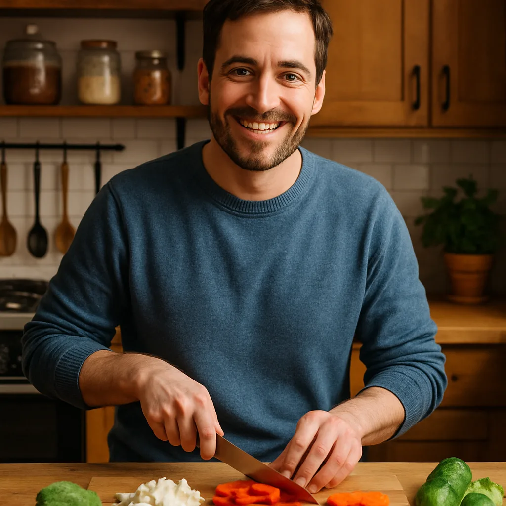 Man Is Cheerfully Chopping Vegetables While Looking into the Camera