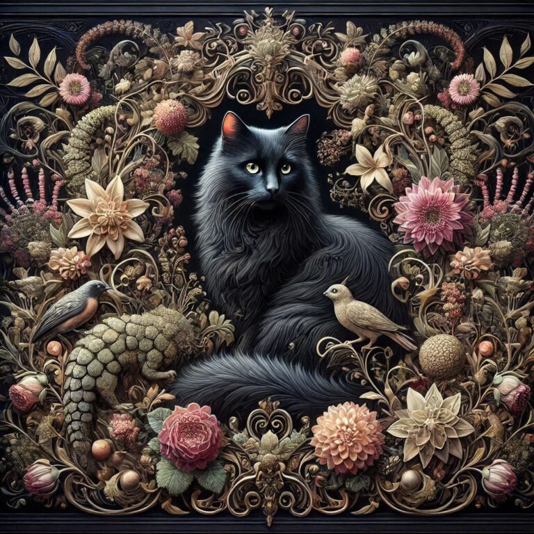Black Cat with Ornate Floral Surroundings