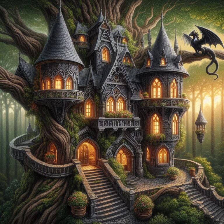Intricate Gothic Castle Tree House at Sunset