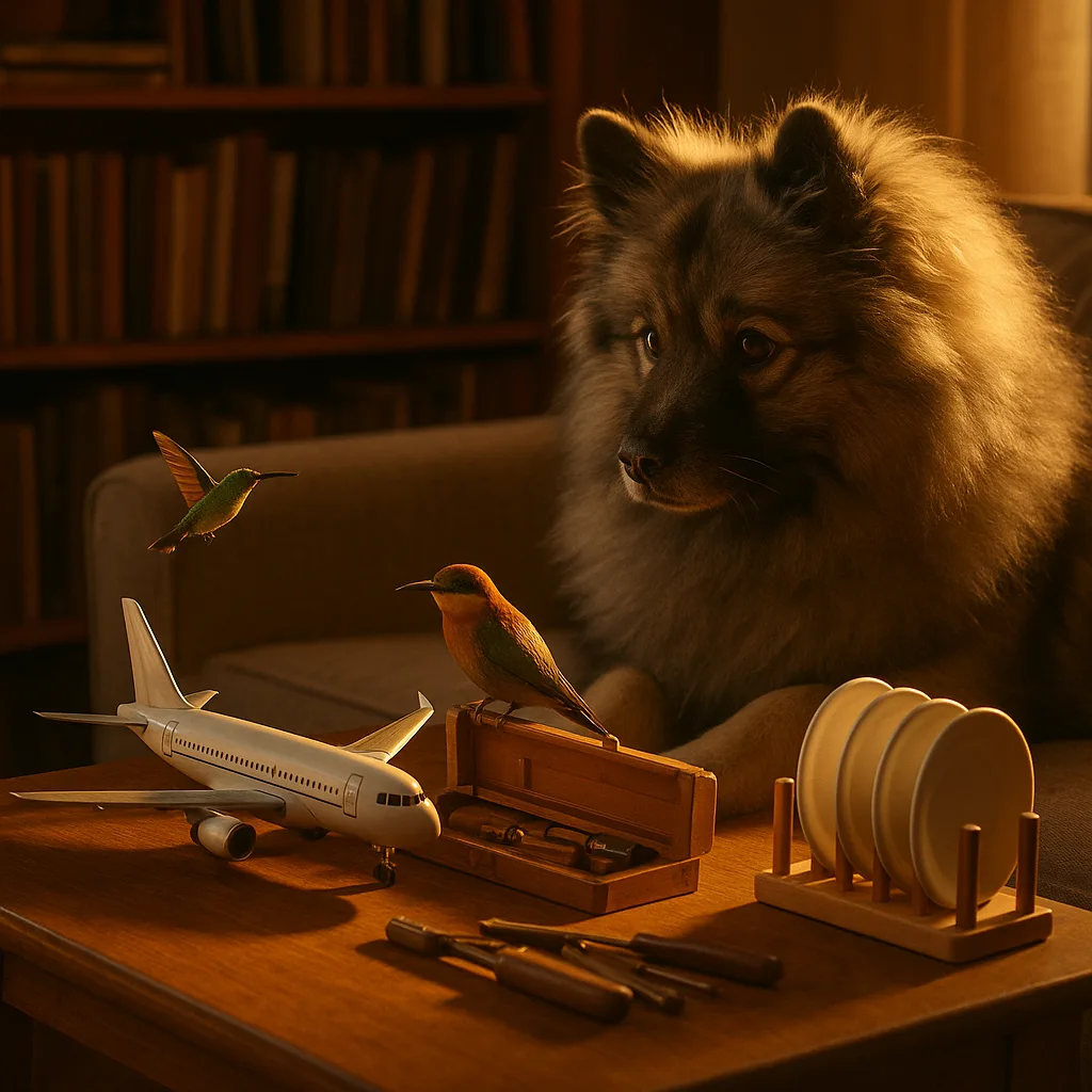 Keeshond Observes a Hummingbird and Bee-eater Exploring a Miniature Airliner