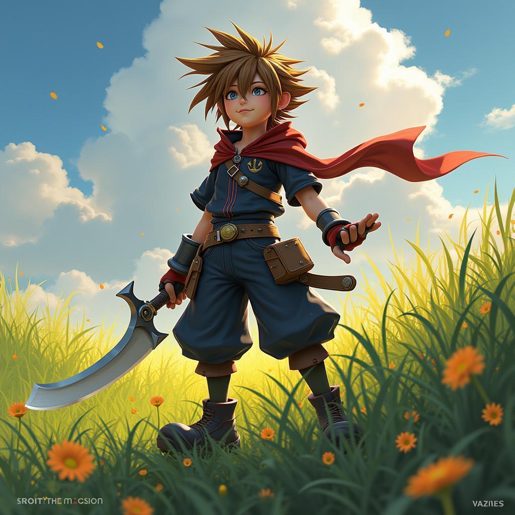 Sora Strikes a Battle Stance in Lush Fields