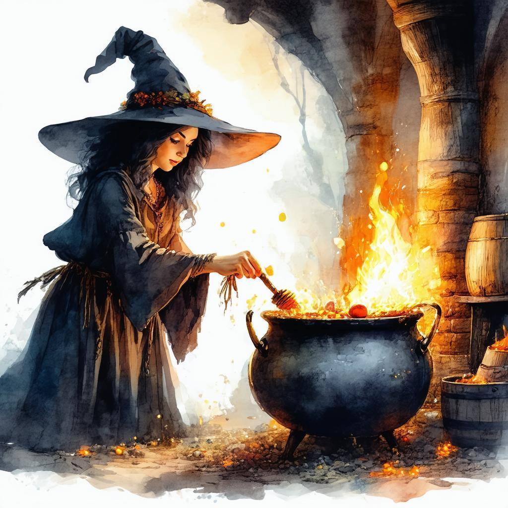 Ghibli Witch Brewing Magic in a Glowing Cauldron