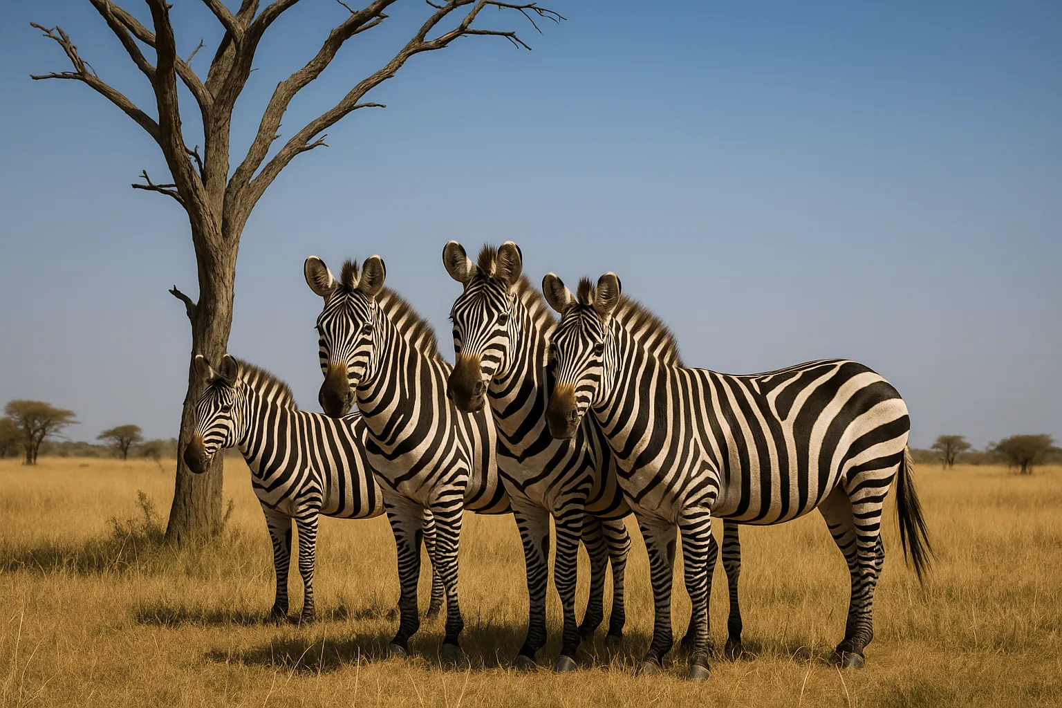 Group of Zebras Standing Together in a Grassy Savanna