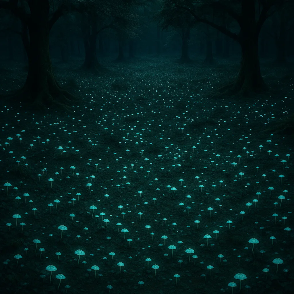 Vast Field of Countless Bioluminescent Fungi Faintly Illuminates an Ancient