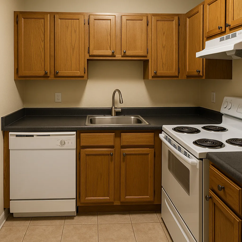 Small Kitchen Featuring Wooden Cabinets