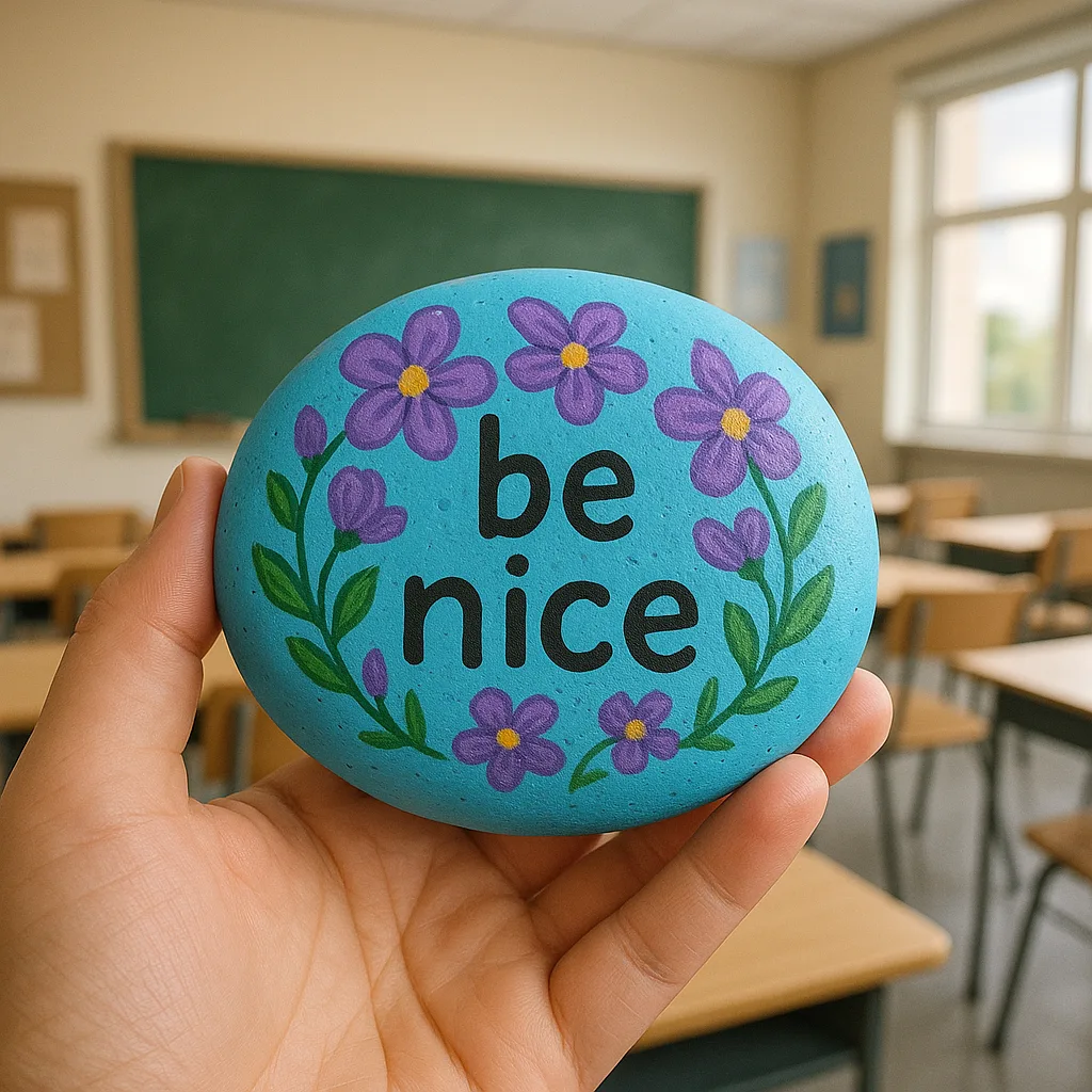 Person Holds Up a Painted Blue Rock with Purple Flowers