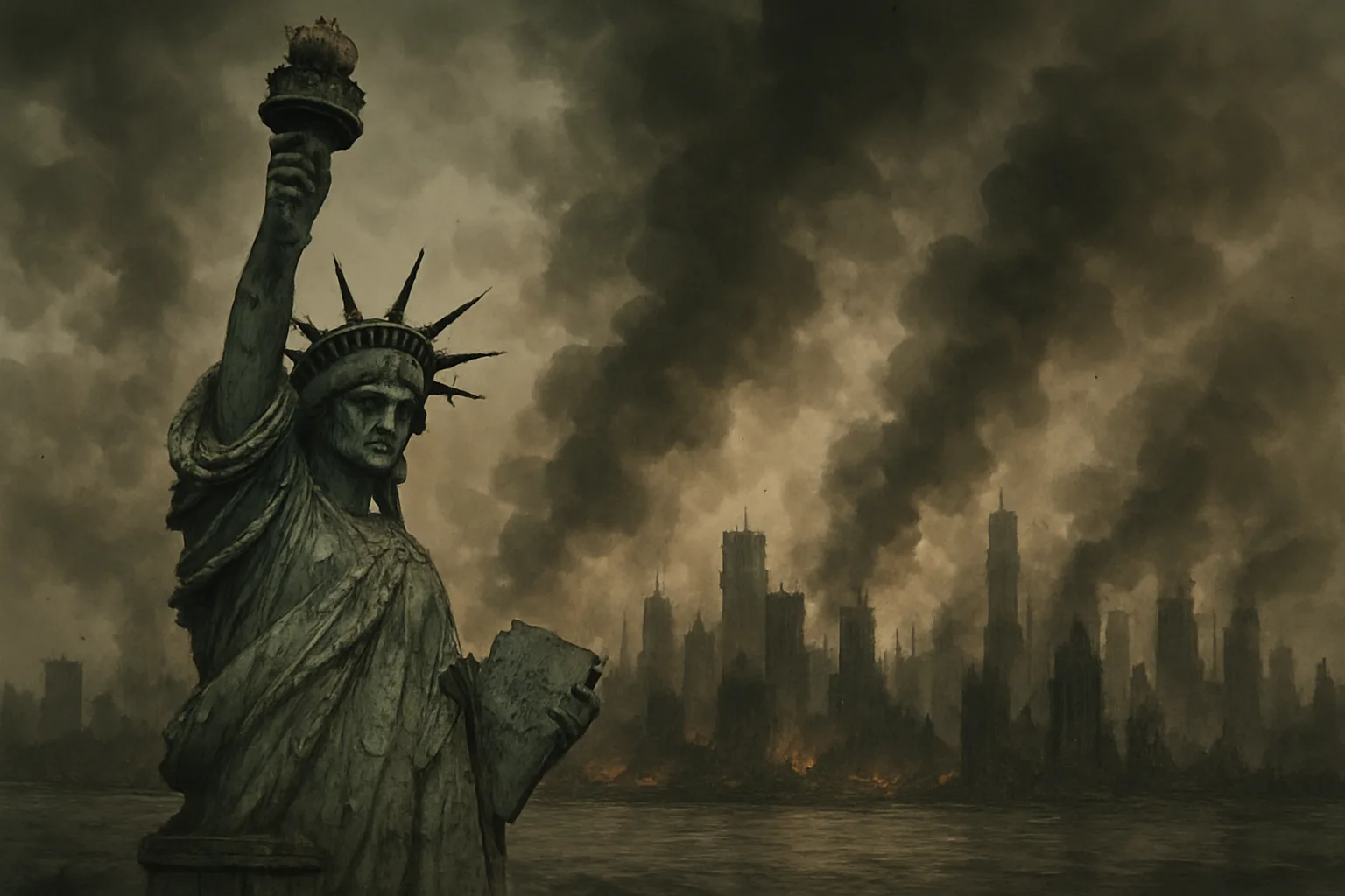 Damaged Statue of Liberty Overlooks