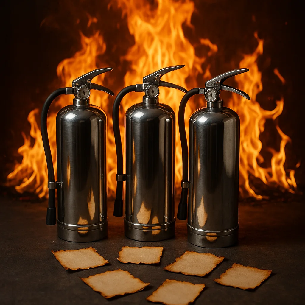Three Radiant Fire Extinguishers of Polished Silver Take Center Stage