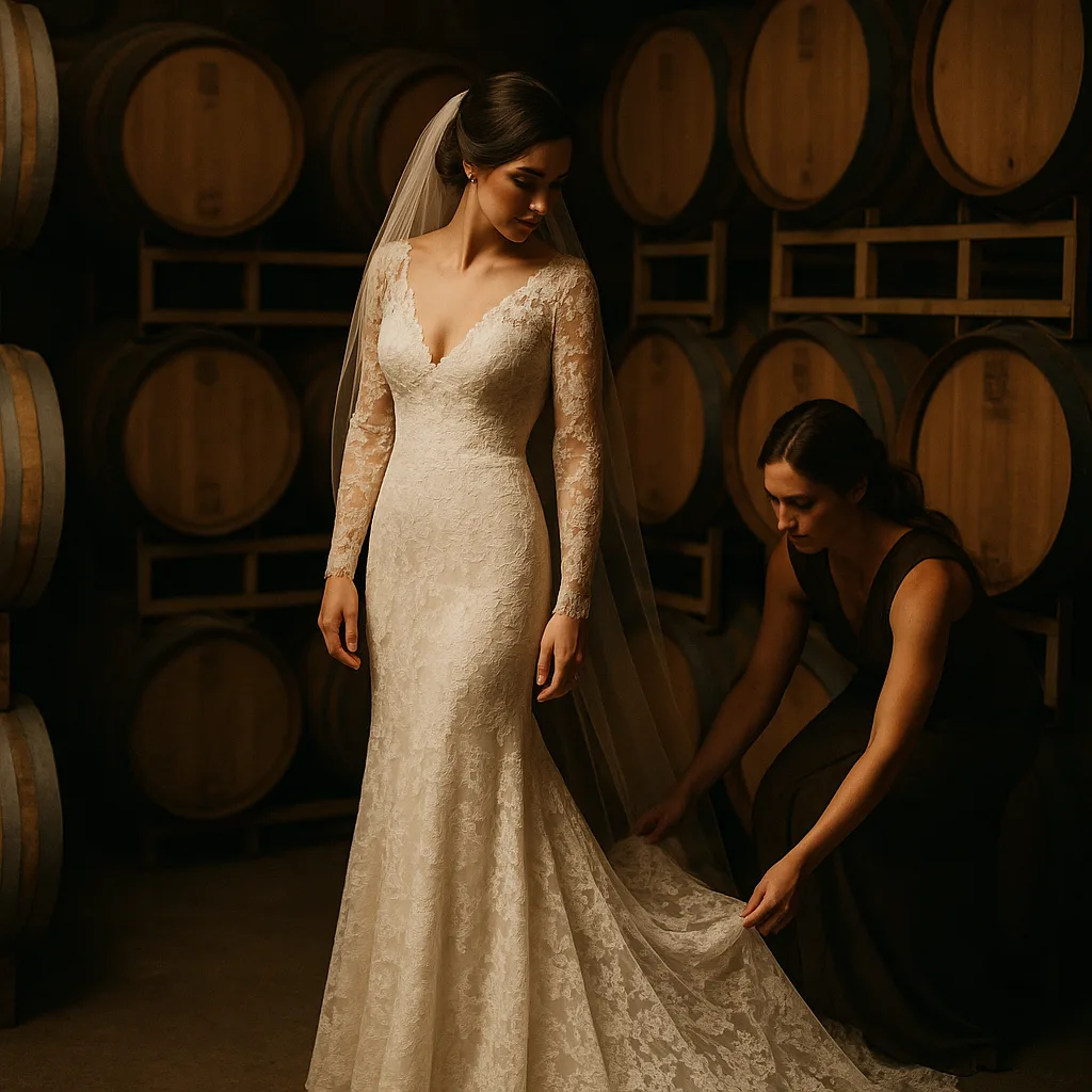 Bride in a White Lace Wedding Gown