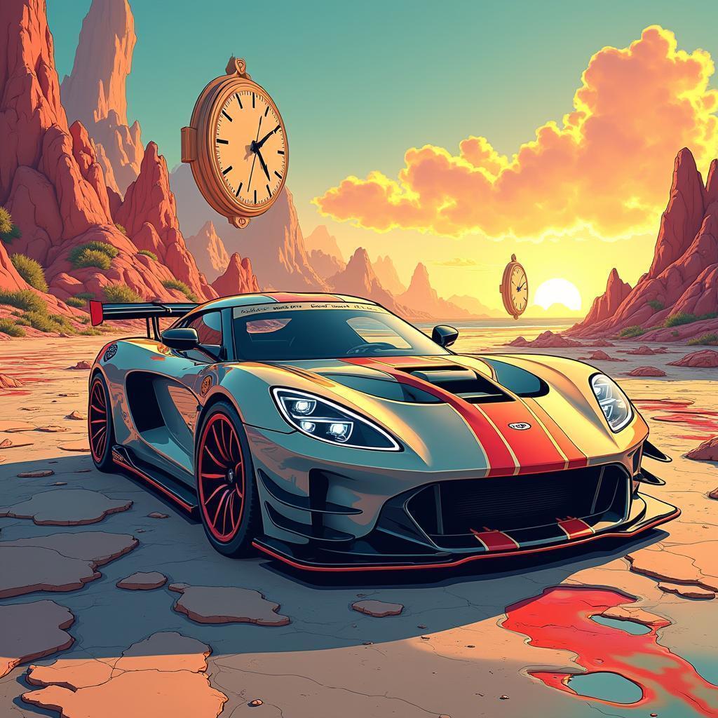 Manga Sports Car Racing Past Melting Clocks