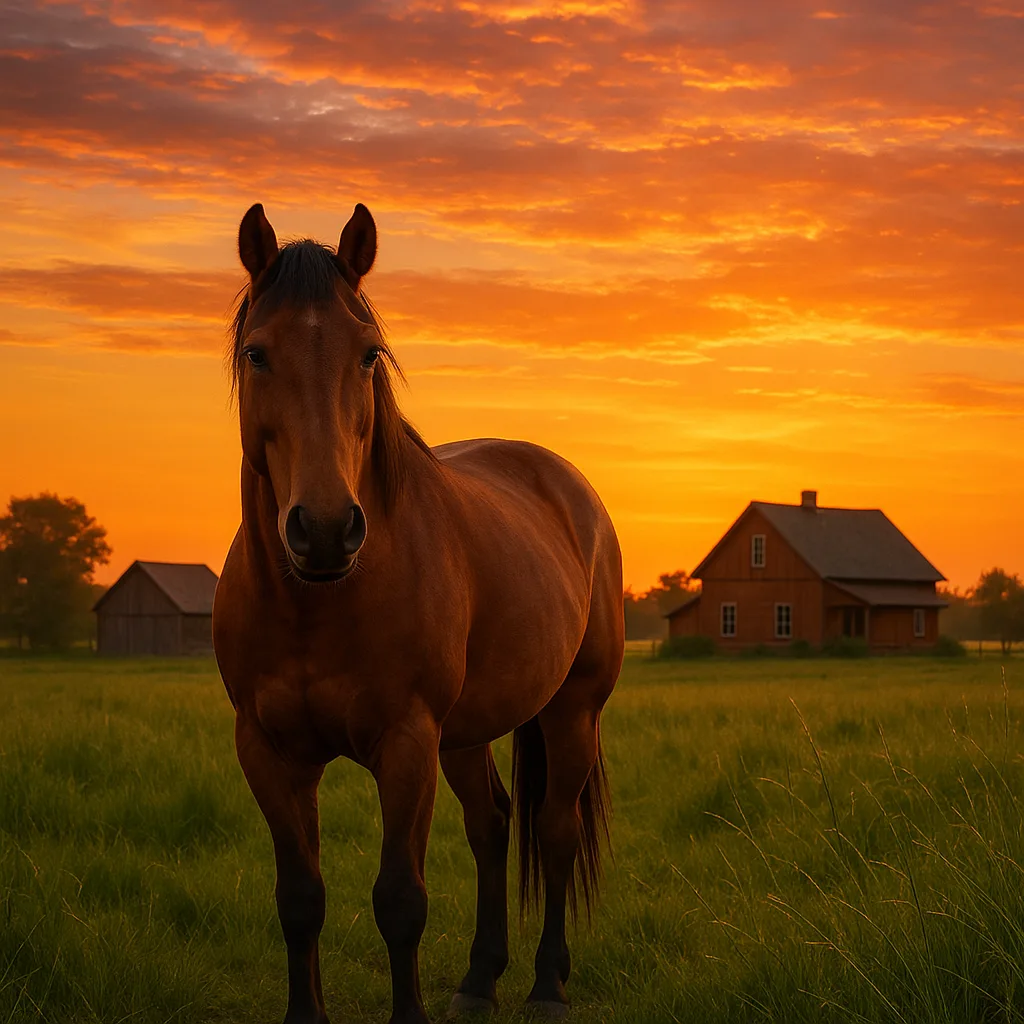 Brown Horse Stands in a Grassy Field During Sunset