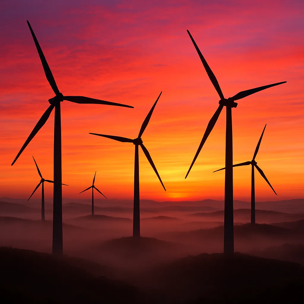 Numerous Colossal Wind Turbines Stand Silhouetted Against a Vibrant Sunrise