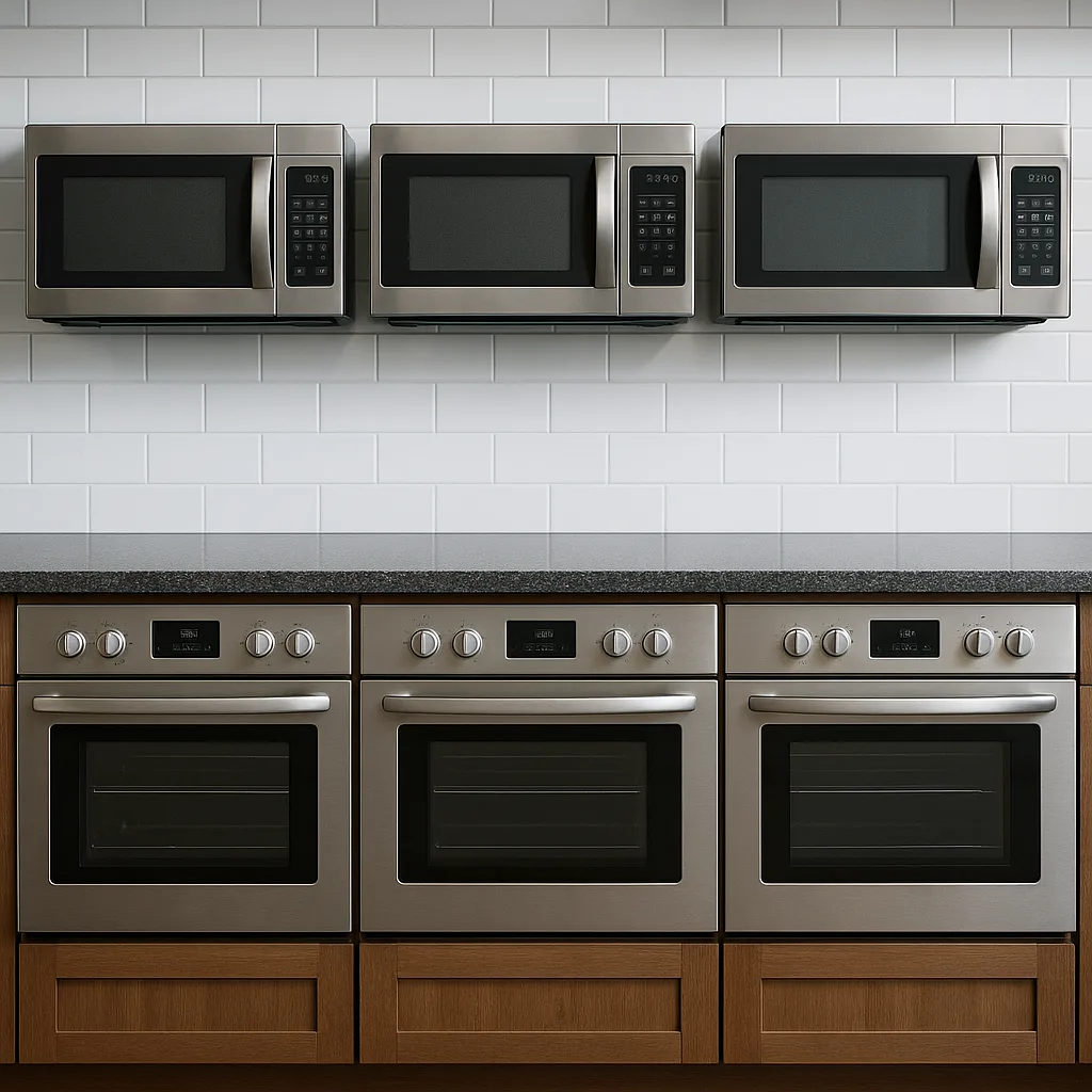 Lifelike Kitchen Scenario Showcasing Three Ovens Alongside Three Microwaves