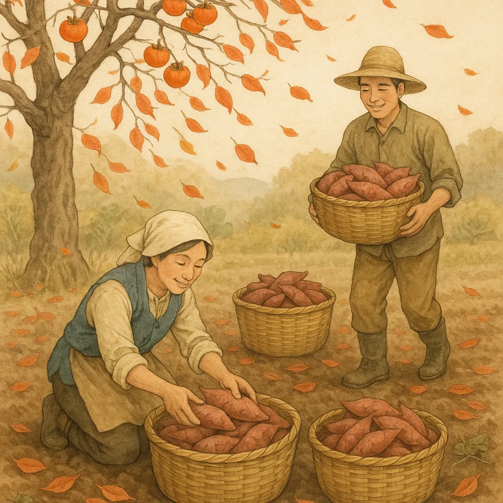 Farmers Collecting Baskets Filled with Freshly Harvested Sweet Potatoes