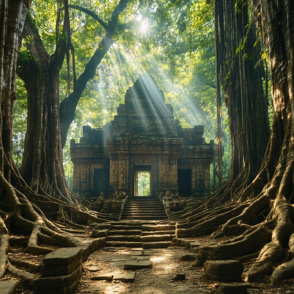 Temple Nestled in Enormous Sunlit Oak Roots