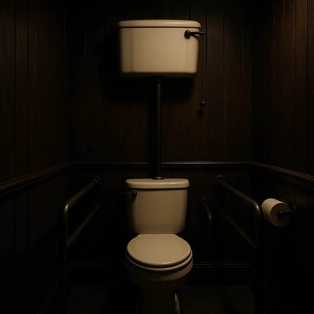 Dimly Lit Bathroom with Dark Wood-paneled Walls