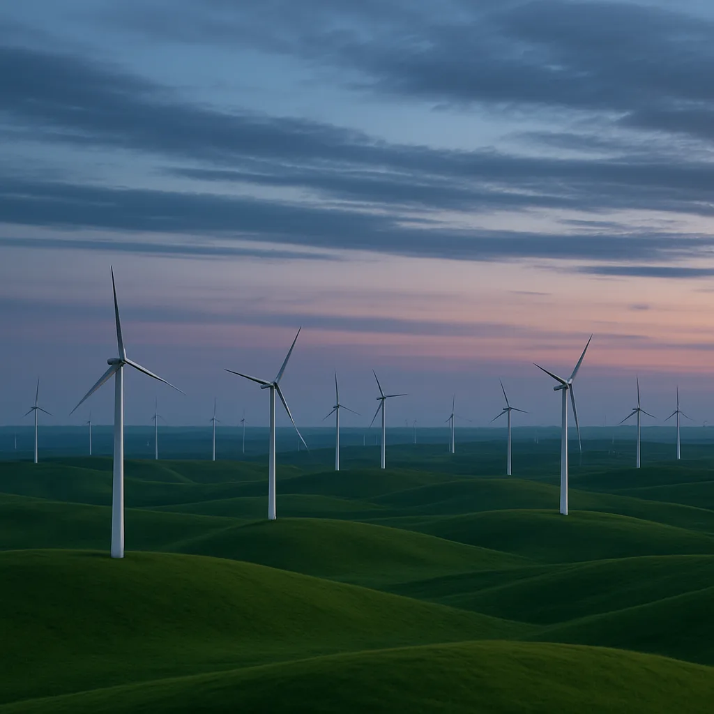 Dozens of Distant Wind Turbines Stand Sentinel