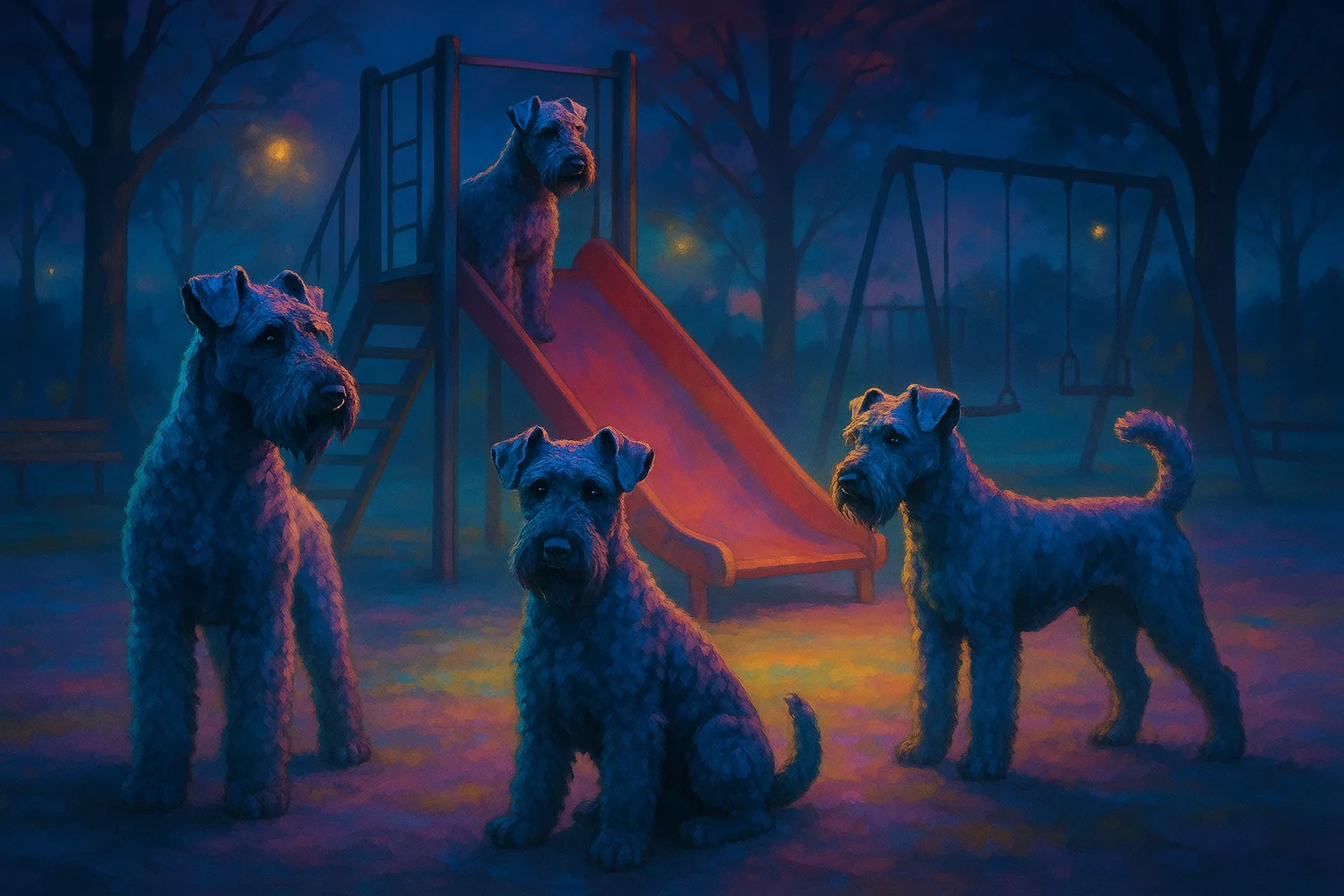 Varied Kerry Blue Terriers in a Twilight Park Playground