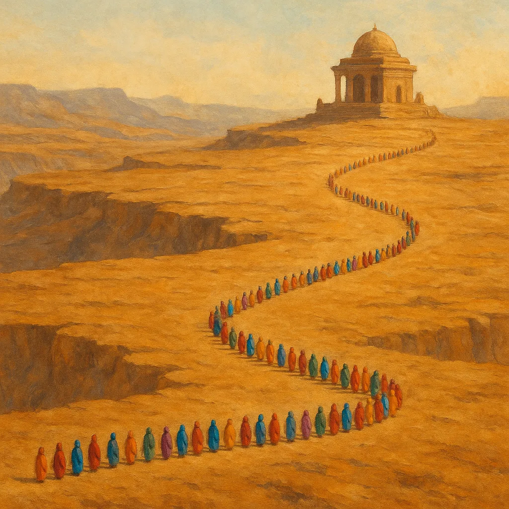 Procession of Numerous Tiny Figures in Vibrant Robes Slowly Winds